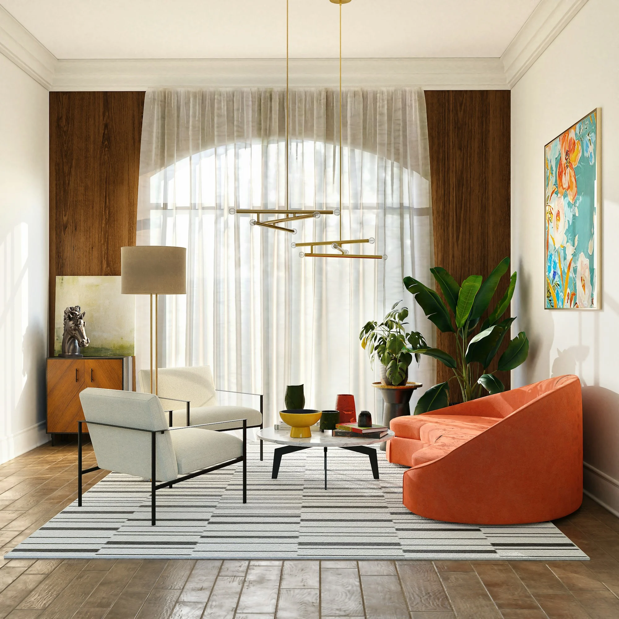Light-filled living room with soft neutral furnishings and layered natural textures